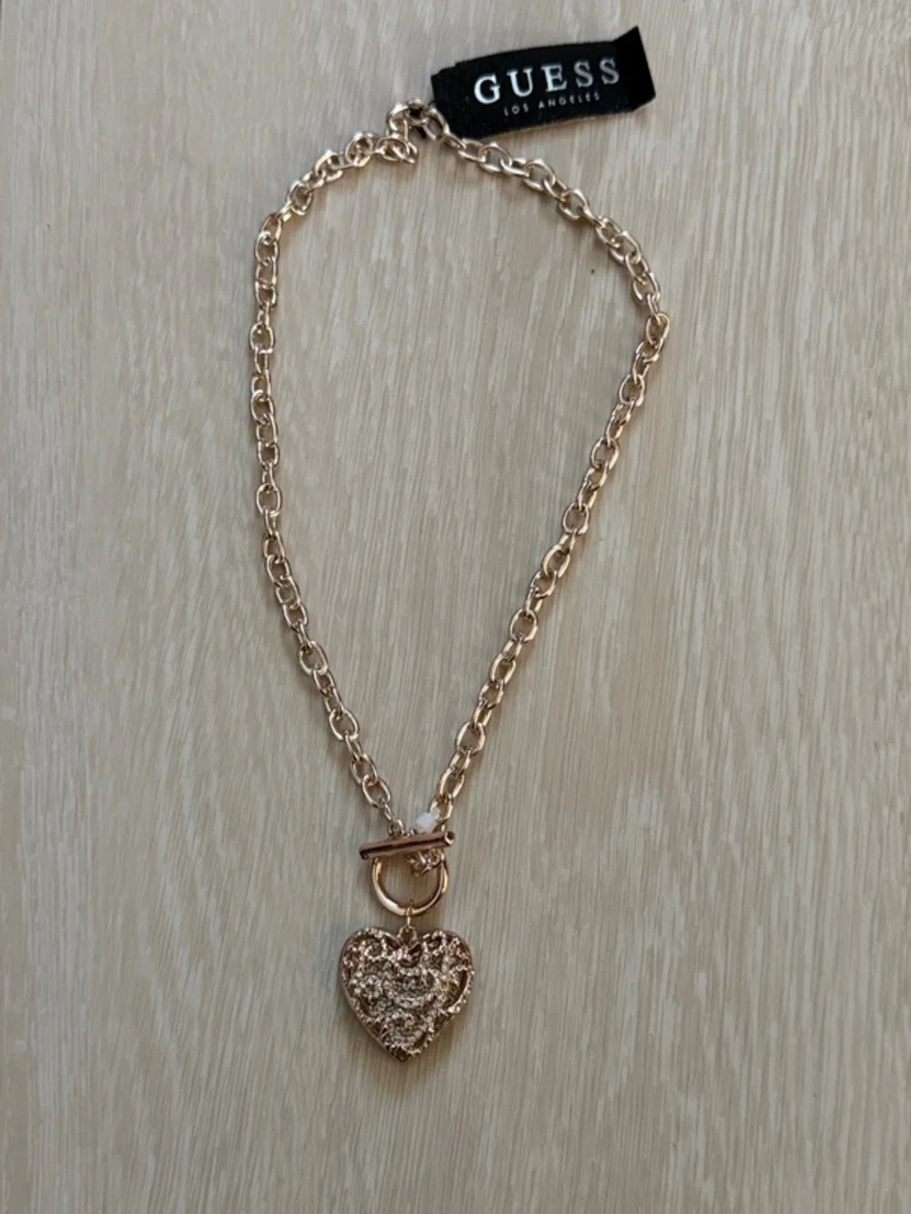 GUESS Rose Gold-Tone Textured Heart Toggle Necklace